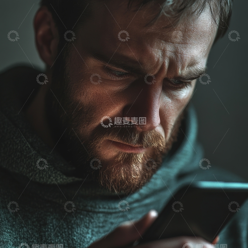 高清大图下载【趣麦麦图】男子专注查看手机屏幕