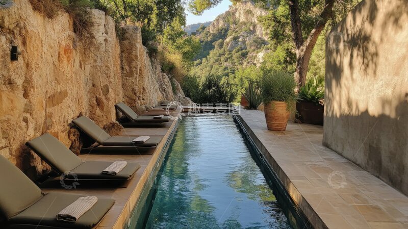 高清大图下载【趣麦麦图】石墙旁的泳池与躺椅