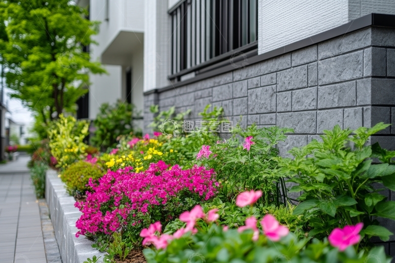 高清大图下载【趣麦麦图】色彩斑斓的花卉装饰在现代建筑旁