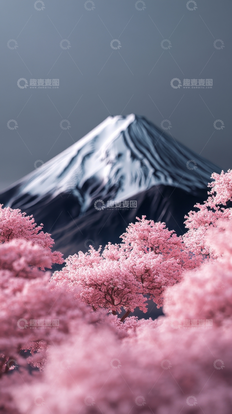 高清大图下载【趣麦麦图】樱花盛开与雪山相映
