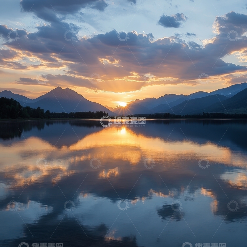高清大图下载【趣麦麦图】湖面夕阳映山景