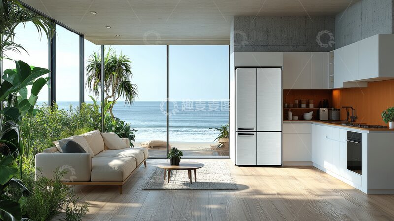 高清大图下载【趣麦麦图】现代海滨客厅与厨房全景