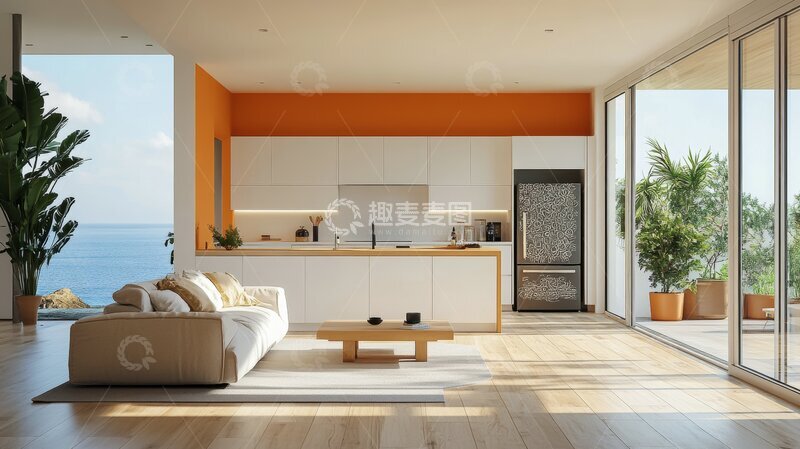 高清大图下载【趣麦麦图】现代海滨开放式厨房与客厅设计