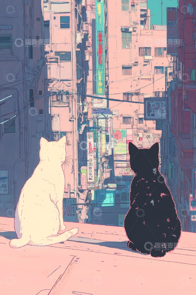 高清大图下载【趣麦麦图】黑白双猫俯瞰城市街景