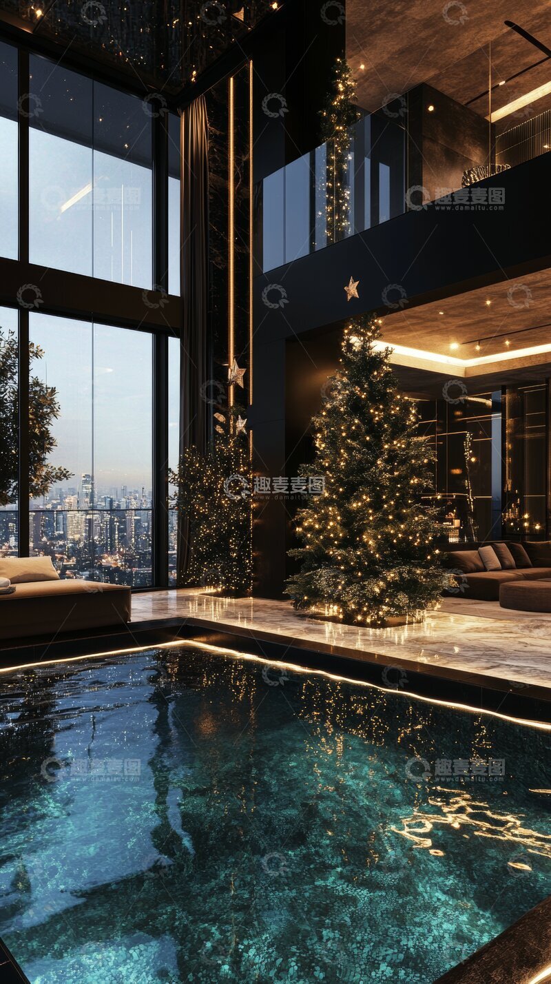 高清大图下载【趣麦麦图】豪华室内泳池旁的圣诞树装饰