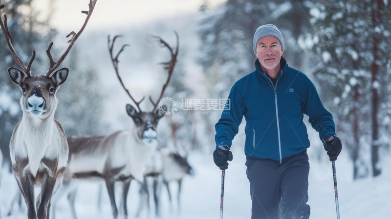 高清大图下载【趣麦麦图】雪地中的驯鹿与滑雪者