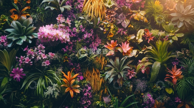 高清大图下载【趣麦麦图】热带植物墙上的多彩花卉