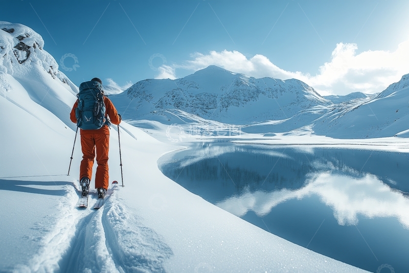 高清大图下载【趣麦麦图】雪地滑雪者背影与湖面倒影