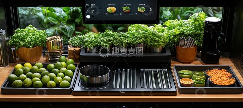 高清大图下载【趣麦麦图】智能厨房展示新鲜食材与植物