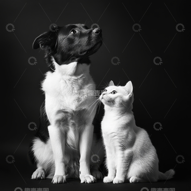 高清大图下载【趣麦麦图】黑白背景下的狗与猫