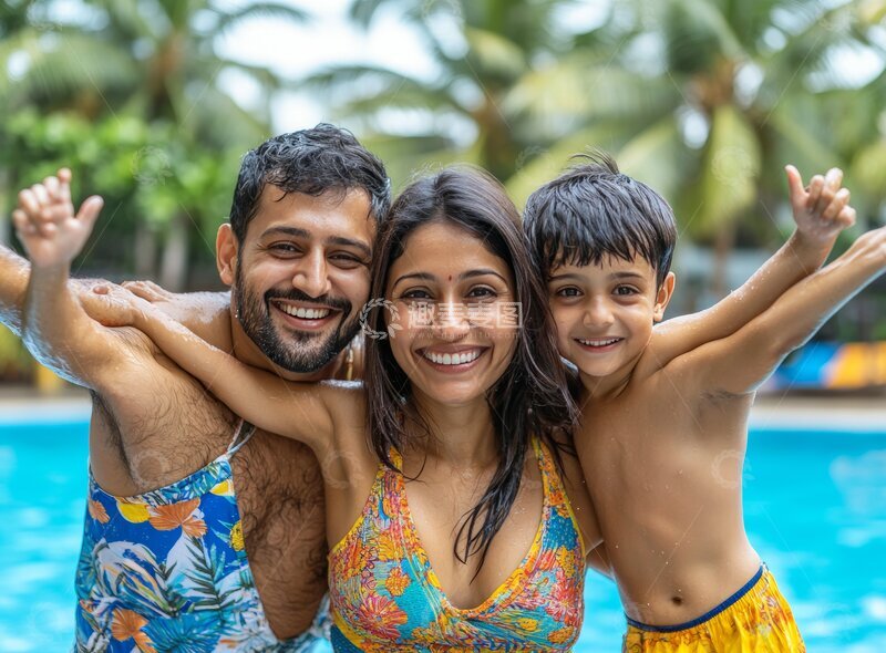 一家三口在泳池边微笑合影