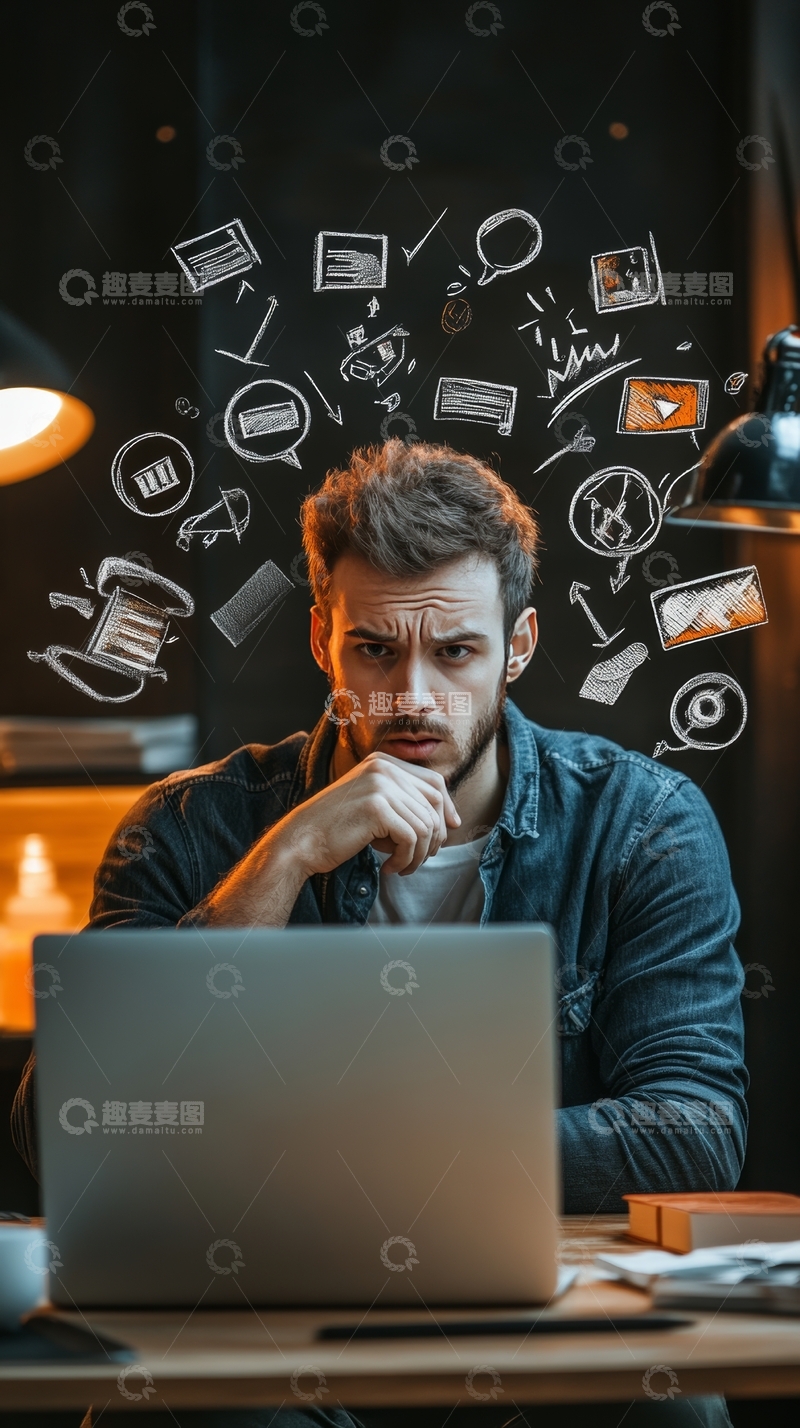 高清大图下载【趣麦麦图】专注工作的男子与创意图标环绕