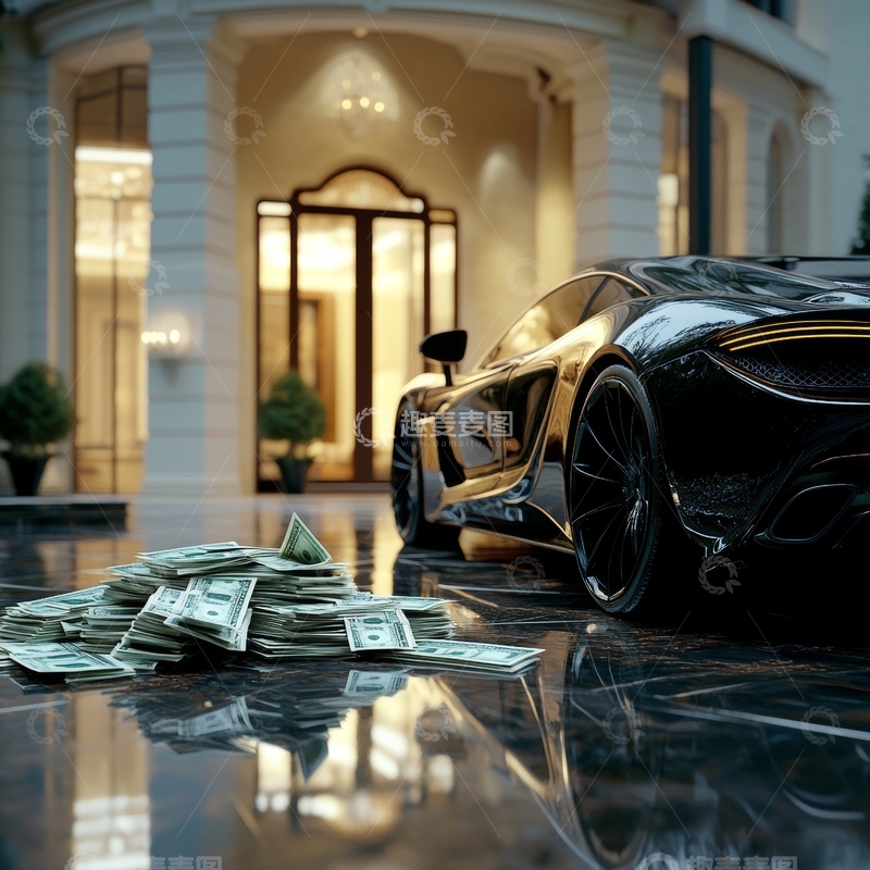 高清大图下载【趣麦麦图】豪华跑车前的现金堆