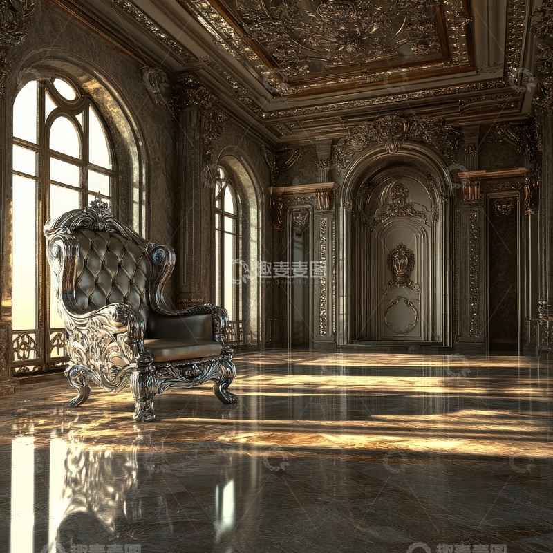 高清大图下载【趣麦麦图】华丽宫殿室内，金色雕花与古典座椅