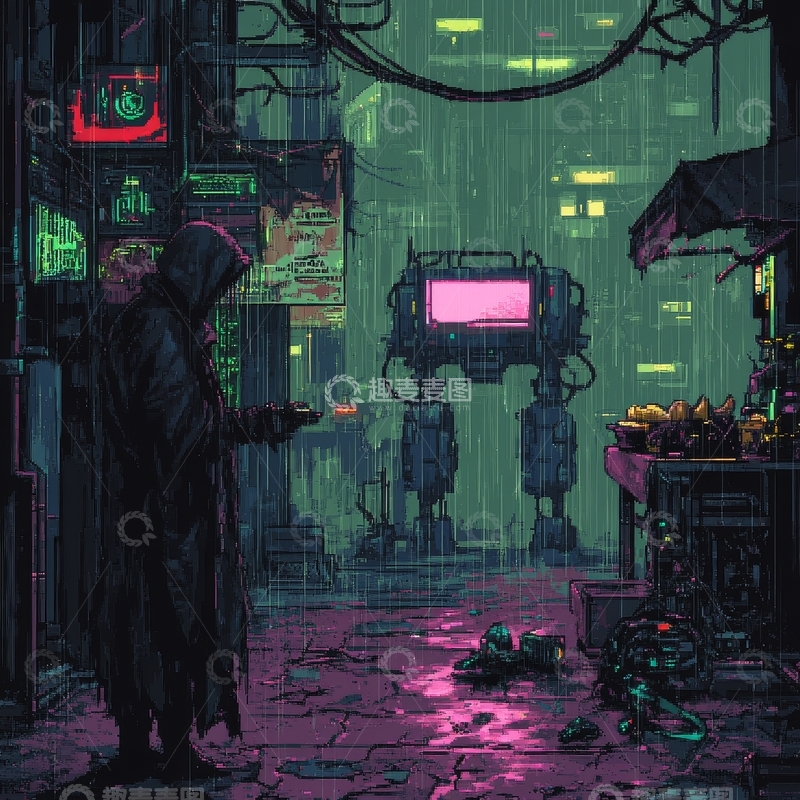 高清大图下载【趣麦麦图】赛博朋克夜景：人与机器的对峙