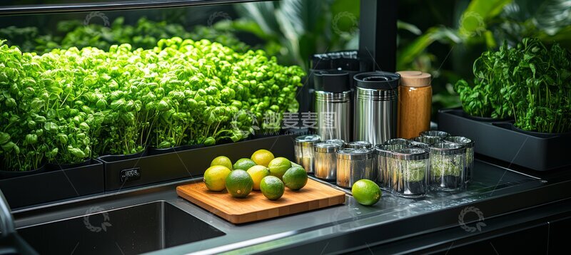 高清大图下载【趣麦麦图】厨房台面的绿色植物与柠檬
