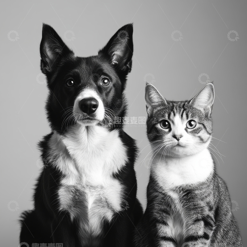 高清大图下载【趣麦麦图】黑白照片中的狗和猫