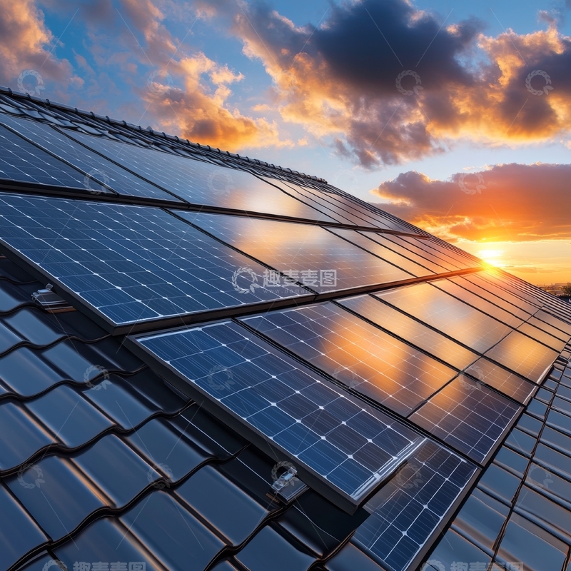 高清大图下载【趣麦麦图】-屋顶太阳能板在夕阳下的反射