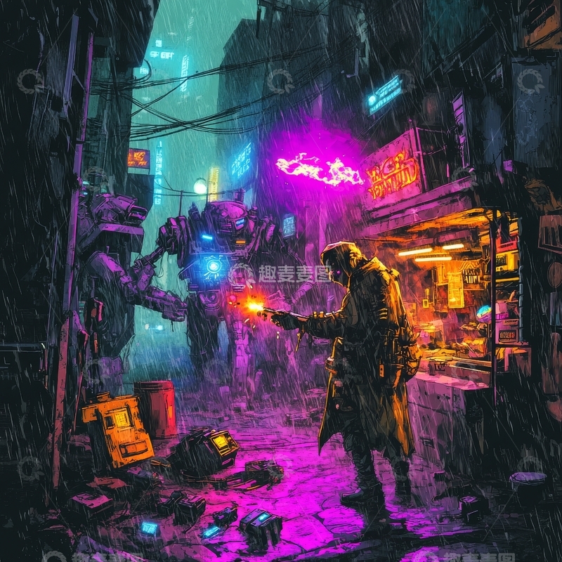 高清大图下载【趣麦麦图】赛博朋克雨夜对决