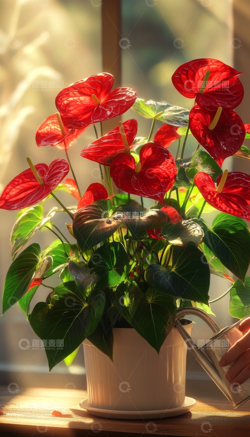 高清大图下载【趣麦麦图】窗边红掌花盆景