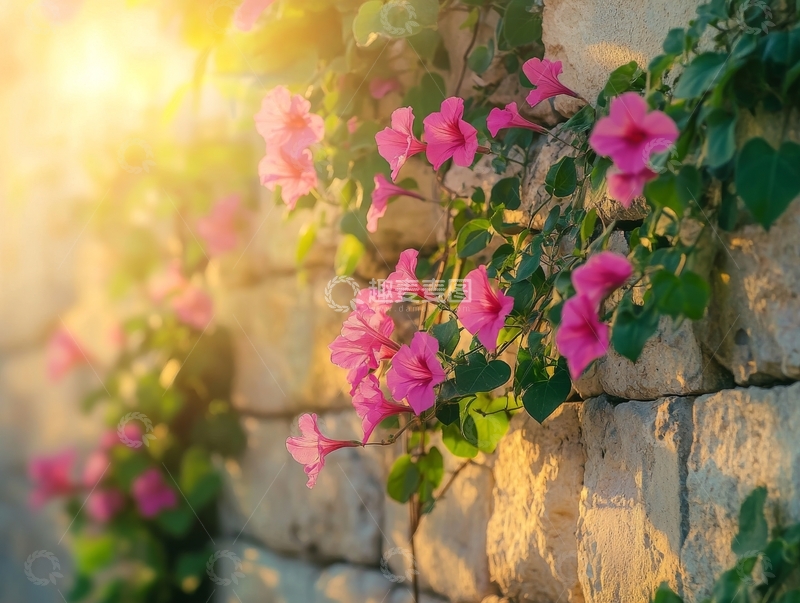 高清大图下载【趣麦麦图】石墙上的粉色花朵在阳光下绽放