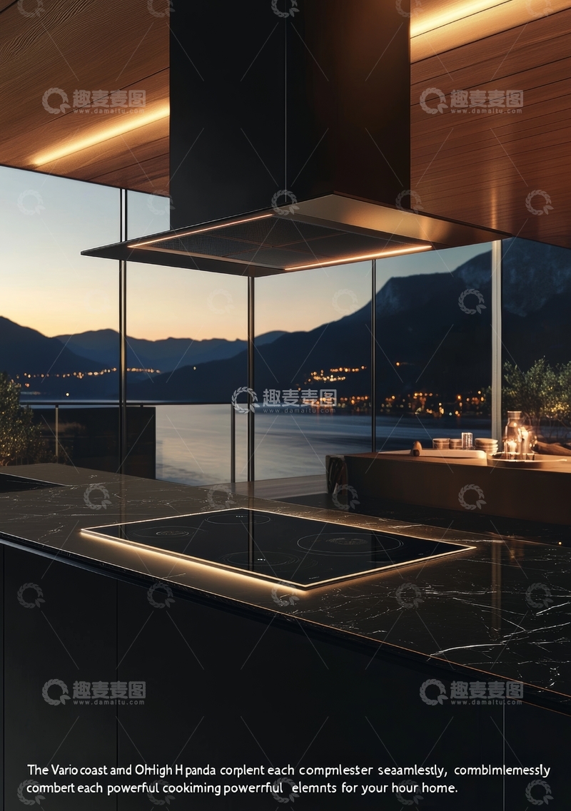 高清大图下载【趣麦麦图】现代厨房与湖景夜色