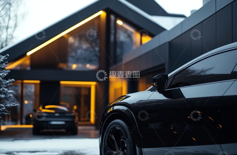 高清大图下载【趣麦麦图】现代建筑前的黑色轿车
