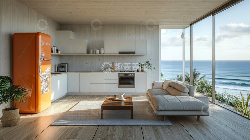 高清大图下载【趣麦麦图】现代海滨客厅与厨房