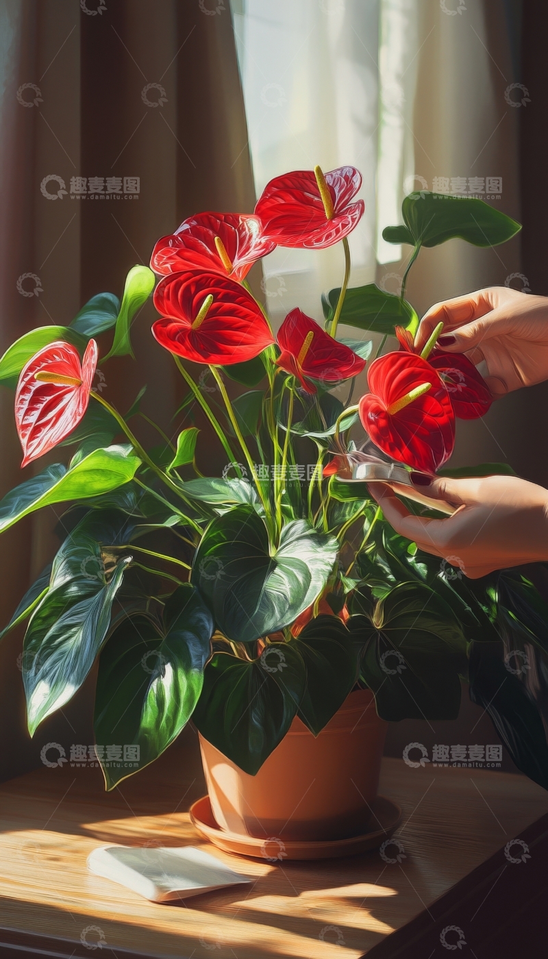 高清大图下载【趣麦麦图】阳光下修剪红掌植物
