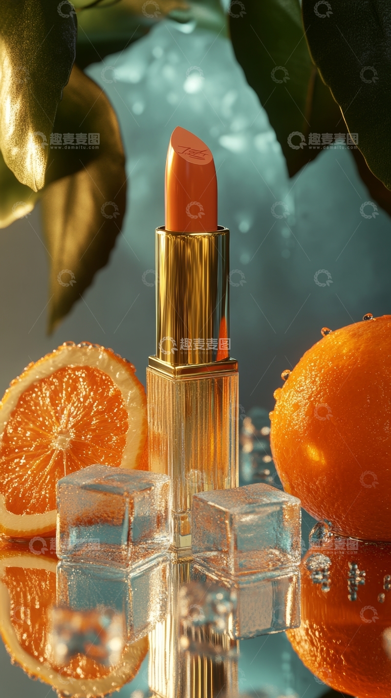 高清大图下载【趣麦麦图】橙色口红与柑橘冰块的静物组合