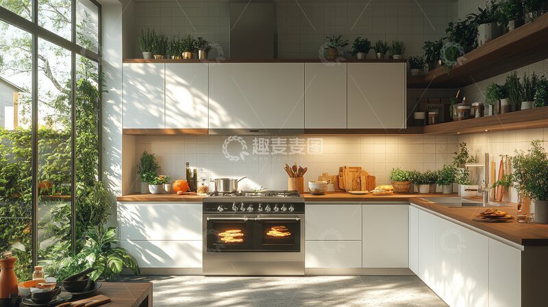 高清大图下载【趣麦麦图】现代厨房设计，自然光与绿植点缀