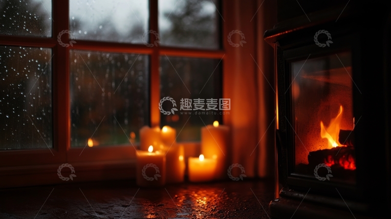 高清大图下载【趣麦麦图】雨夜窗边的温暖壁炉与烛光