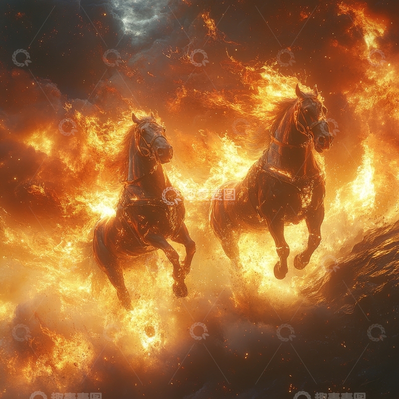 高清大图下载【趣麦麦图】烈焰中奔腾的双马