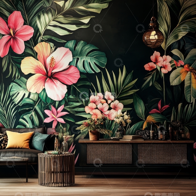 高清大图下载【趣麦麦图】热带花卉装饰的现代客厅