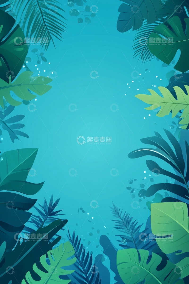 高清大图下载【趣麦麦图】热带植物环绕的蓝色背景