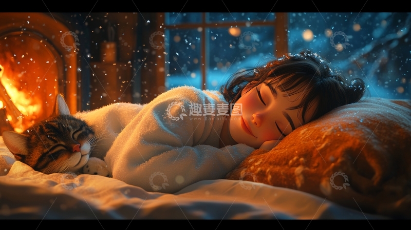 高清大图下载【趣麦麦图】冬夜温馨，少女与猫共眠
