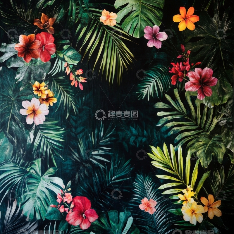 高清大图下载【趣麦麦图】热带花卉与绿叶背景图案