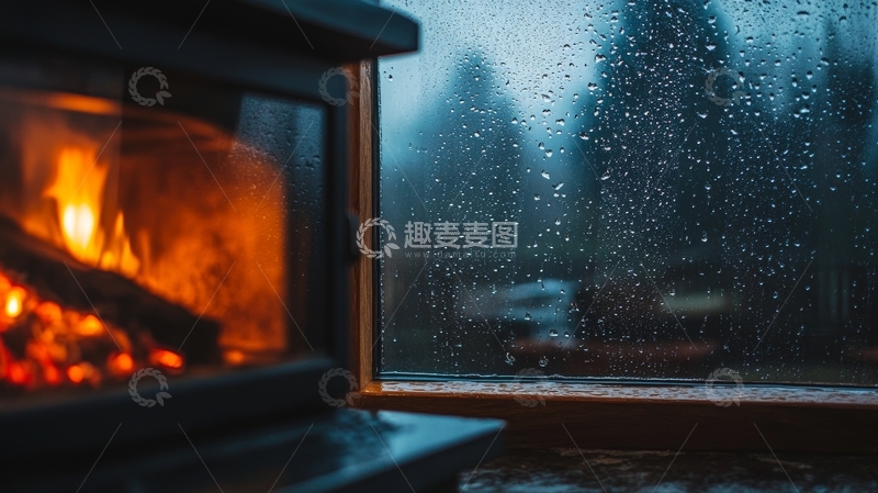 高清大图下载【趣麦麦图】-雨夜窗前的温暖壁炉