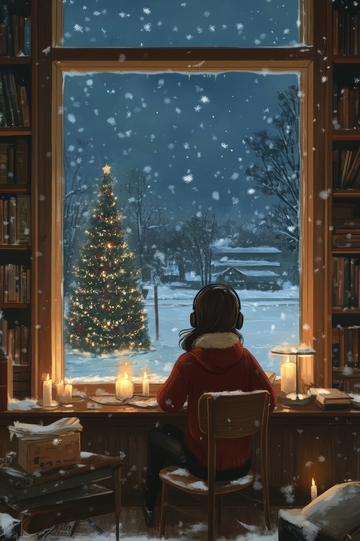 窗前阅读，雪夜圣诞树