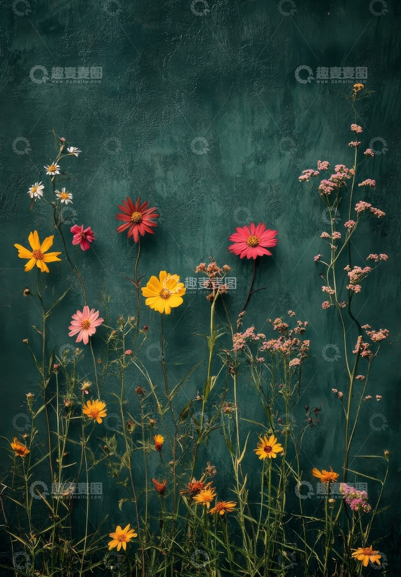 多彩野花在深绿背景前绽放