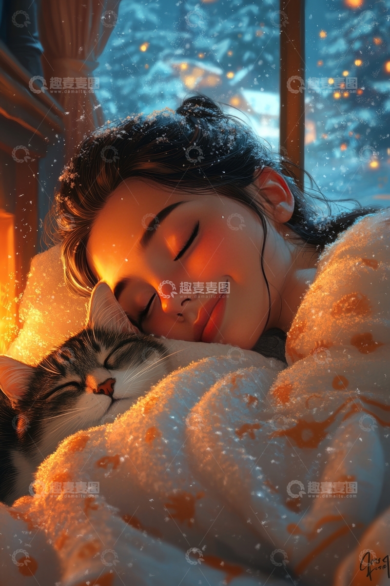 高清大图下载【趣麦麦图】温馨夜晚，少女与猫咪共眠