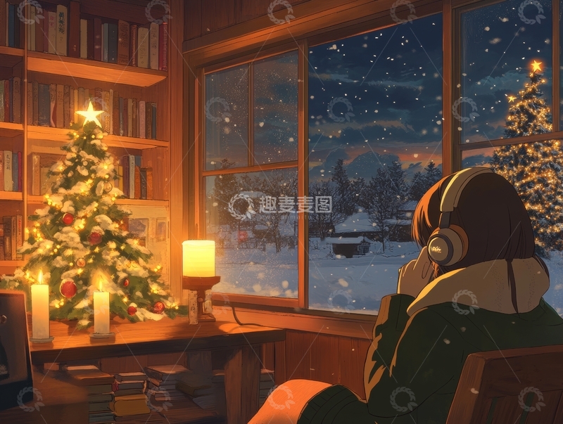 高清大图下载【趣麦麦图】冬夜书房，耳机少女望雪景