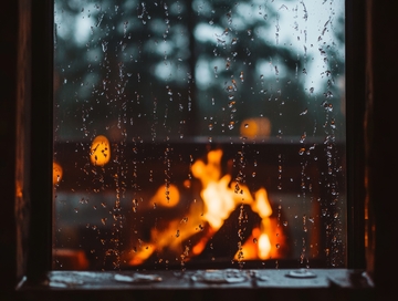 雨夜窗外的篝火