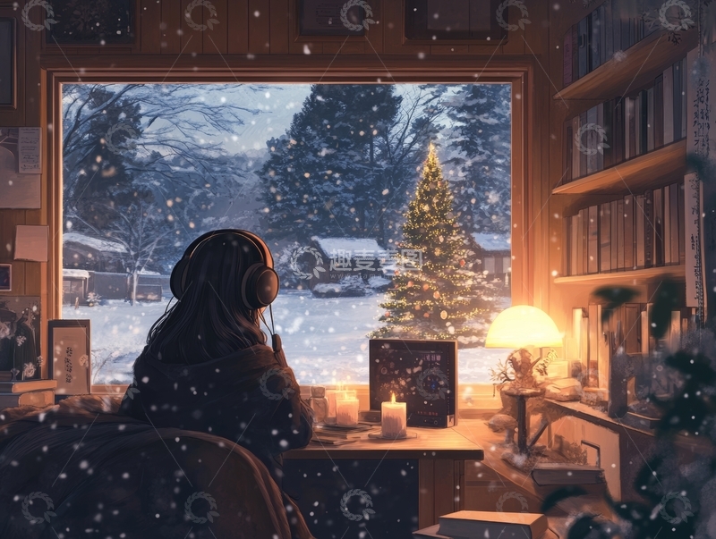 冬夜窗前听音乐的女子
