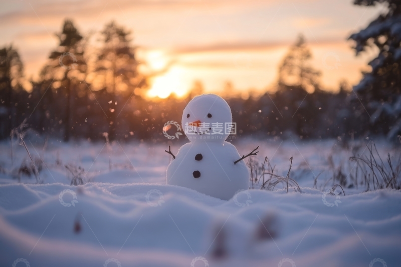 高清大图下载【趣麦麦图】雪地里的小雪人，夕阳映照
