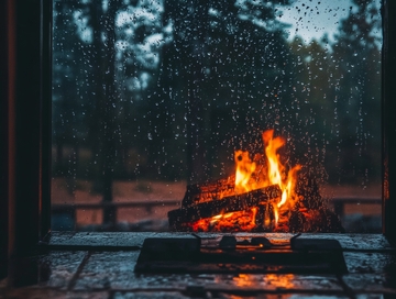 雨夜窗外的篝火