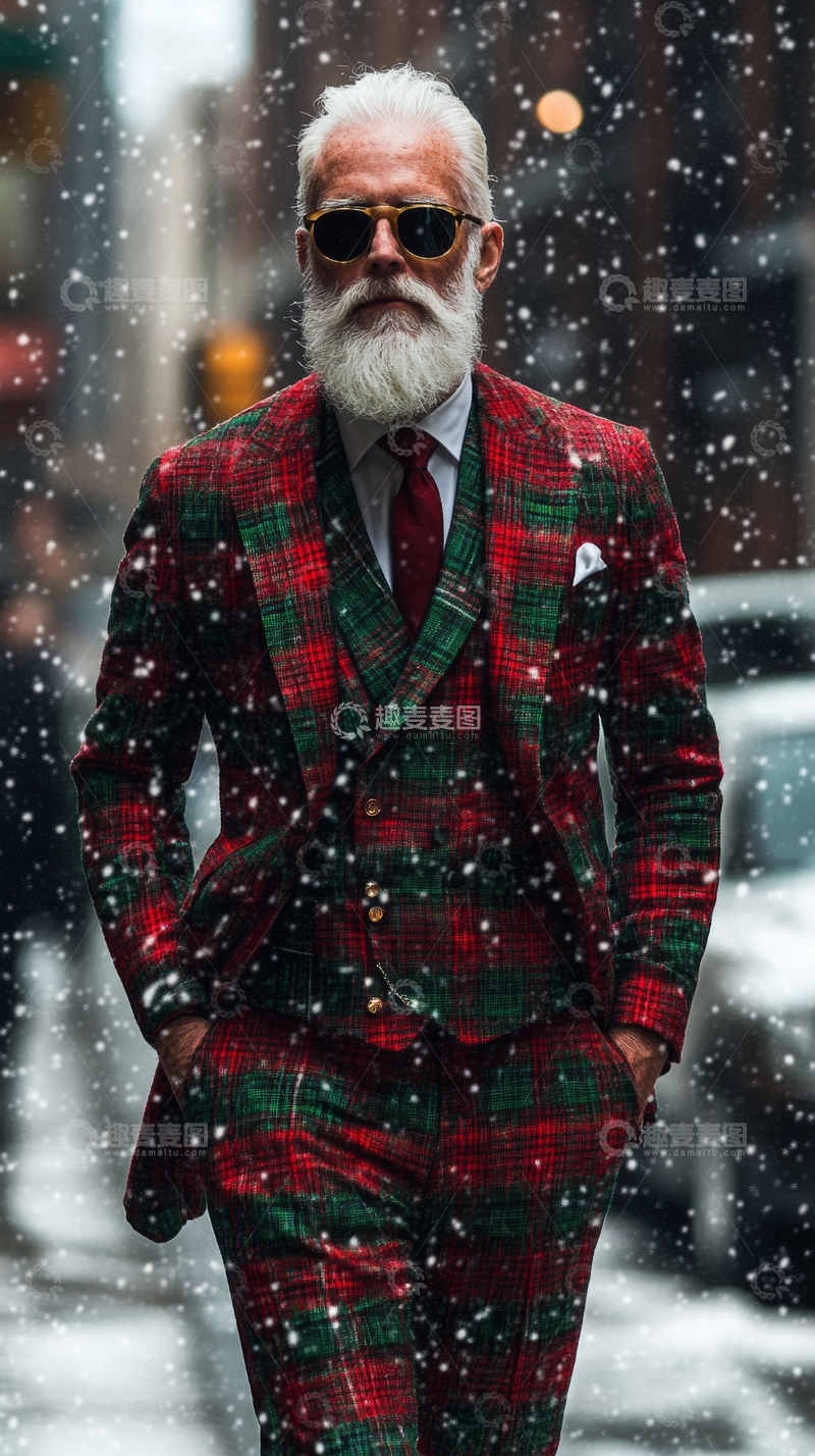 高清大图下载【趣麦麦图】雪中身着格纹西装的白发男子
