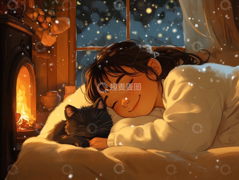 高清大图下载【趣麦麦图】冬夜窗边，女孩与猫的温馨时光