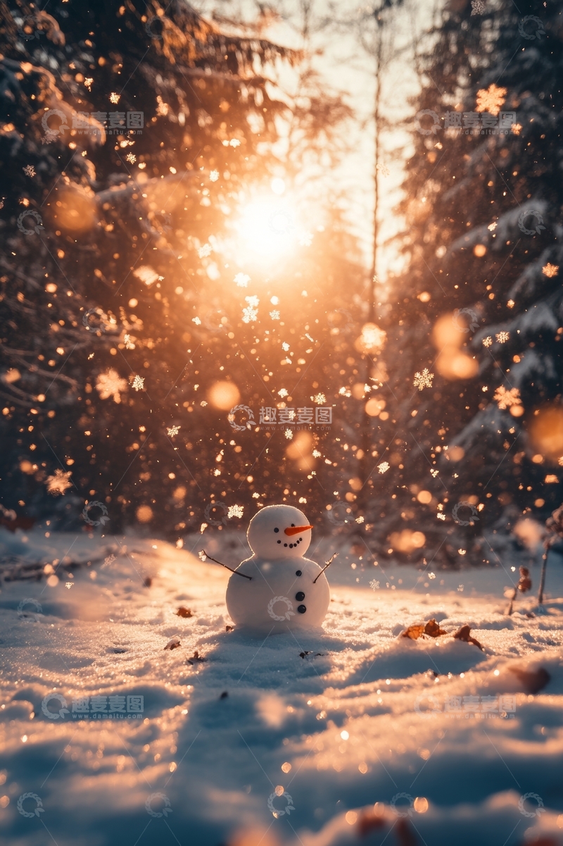高清大图下载【趣麦麦图】雪地里的小雪人，夕阳洒满森林