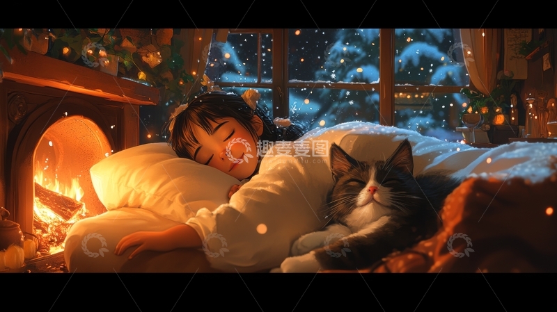 高清大图下载【趣麦麦图】冬夜炉火旁，少女与猫共眠